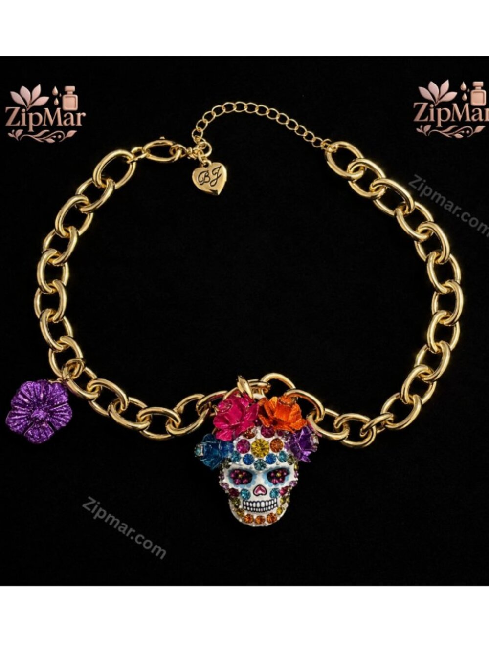 Betsey Johnson Sugar Skull Floral Charm Necklace Rhinestone Calavera Gold Chain